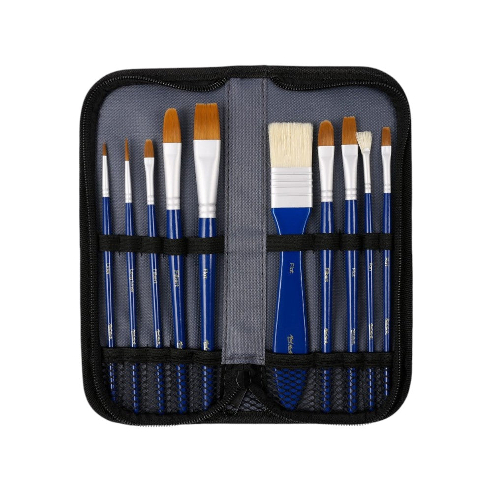 Open view of Mont Marte Gouache Brush Set in Wallet - Pack of 11, showing ergonomic short-handled brushes.